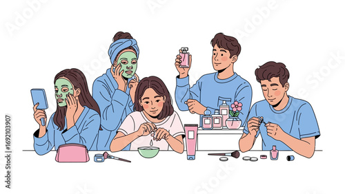 Diverse group of young adults enjoying a relaxing self care spa day at home applying face masks and skincare products together