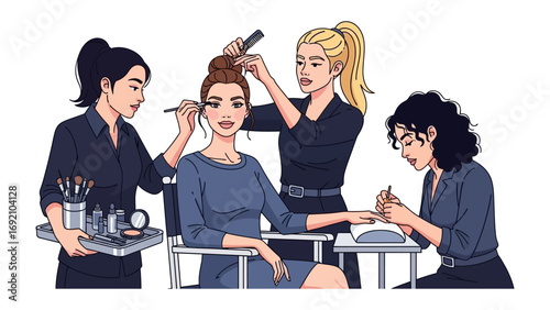 Professional beauty salon team styling a woman s hair applying makeup and doing her nails for a glamorous makeover experience