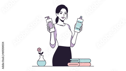 Young woman holding two different bottles of cleaning products in a minimalist illustration with a plant and folded towels on a table