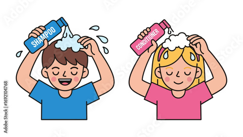 Happy cartoon boy and girl with closed eyes washing their hair with shampoo and creating foam showing clean and healthy hair care routine
