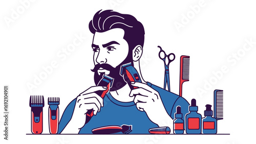 Stylish bearded man grooming his beard with electric trimmer surrounded by barber tools and products for hair care