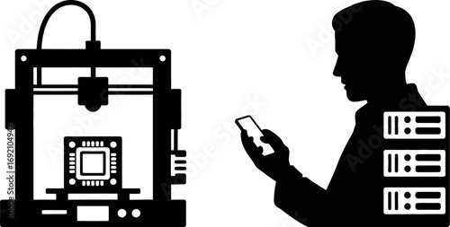 Person uses smartphone to control 3D printer creating complex electronic component.