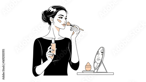 Elegant woman applying makeup with a brush to her face in front of a mirror showcasing a beauty routine and personal grooming