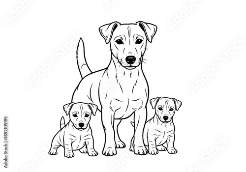Jack Russell Terrier family with a mother and two puppies in a minimalist style 