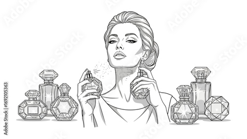 Elegant woman with vintage perfume bottles a sophisticated sketch capturing timeless beauty and fragrance