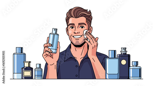 Young man applying facial toner or serum to his clean face with a cotton pad surrounded by various men s skincare and grooming products