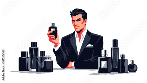 Sophisticated man in tuxedo showcasing collection of elegant black perfume bottles and colognes for men