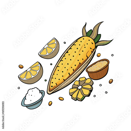 Vibrant mexican street corn elote with spices and lime illustration