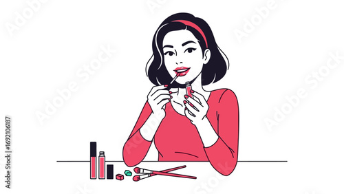 Young woman with dark hair wearing a red top and headband applying lipstick with a brush surrounded by makeup products and tools