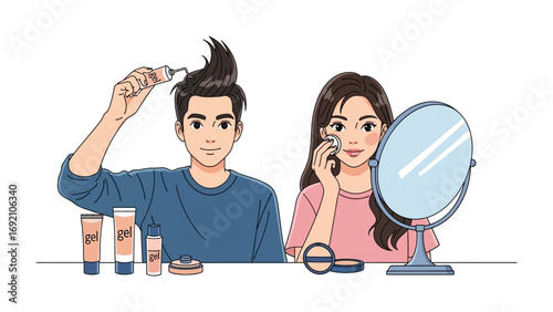 Young couple getting ready in the morning applying makeup and styling hair with cosmetic products and mirror on white background