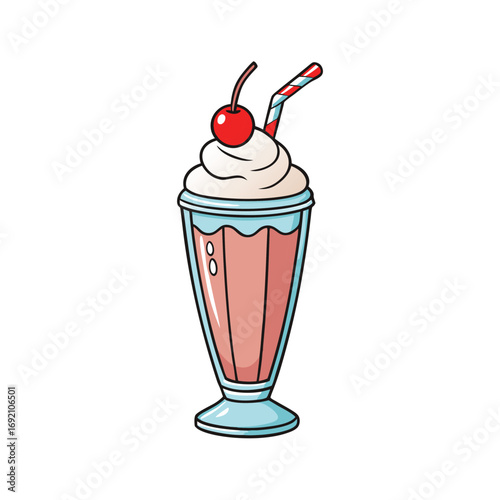 Delicious milkshake with creamy topping and a bright red cherry on top