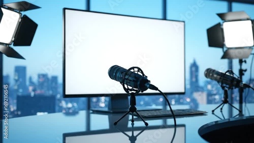 Cinematic HDR View of Modern Webinar Meeting Room with Curved Screen and LED Lighting