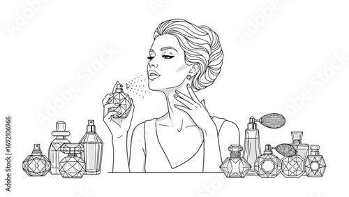 Elegant woman applying perfume surrounded by vintage and modern fragrance bottles in a sophisticated artistic line drawing