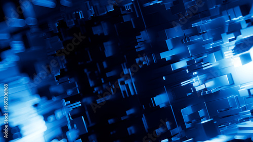 Fototapeta Naklejka Na Ścianę i Meble -  3D abstract sci-fi illustration with greeble effect. Futuristic tunnel of glowing metal blocks in motion, inspired by space and science fiction aesthetics.