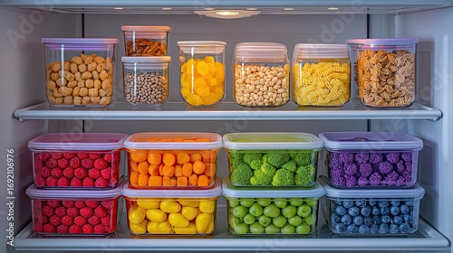 A fridge organized with clearly labeled meal prep boxes and portion-controlled snacks.