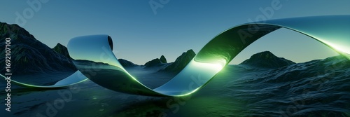3d render illustration. Futuristic aesthetic landscape wallpaper. A massive chrome sculpture wraps around a futuristic landscape of black stone mountains.