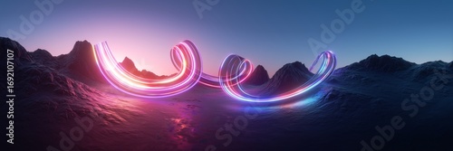 Surreal fantasy landscape with rocky mountains under a sunset sky. Glowing neon lines in motion create an abstract and futuristic panoramic background. 3d render illustration.
