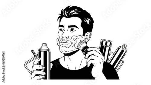 Stylized black and white illustration of a modern man with a sharp haircut shaving his beard with a razor and shaving cream