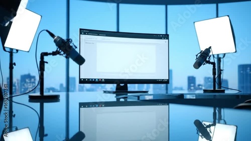 Cinematic HDR View of Modern Webinar Studio with Curved Screen and LED Lighting