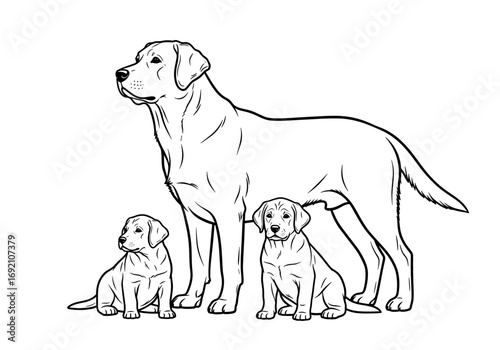 Labrador Retriever family with a mother and two puppies in a minimalist style 