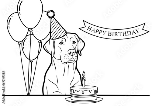 Labrador Retriever dog celebrating birthday with cake and balloons in a minimalist style 