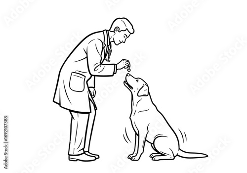 Veterinarian training a Labrador Retriever dog with a treat in a minimalist style 