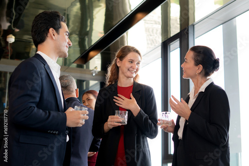 Group team business people meeting and celebrating for success in modern office, collaboration and event of teamwork in modern office, communication and networking with marketing.