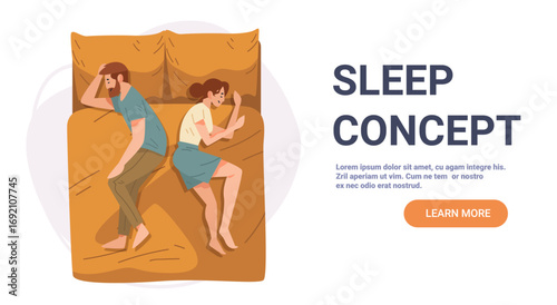 Couple sleeping bed top view night rest bedroom flat design website banner template