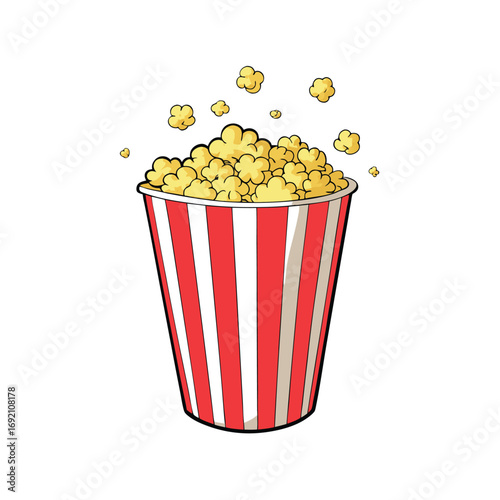 Dynamic popcorn bucket illustration with kernels bursting outwards in a vibrant cinematic display