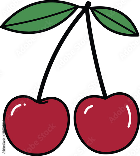 Two Red Cherries with Green Leaves Illustration