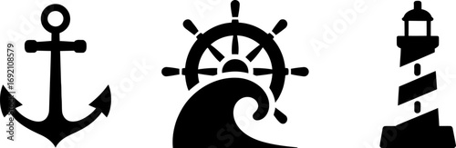 Nautical icons of an anchor, ship's wheel over a wave, and a lighthouse.