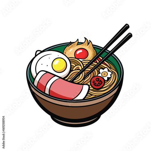 Delicious ramen bowl illustration with tender pork slices a perfectly cooked egg and savory seaweed with chopsticks