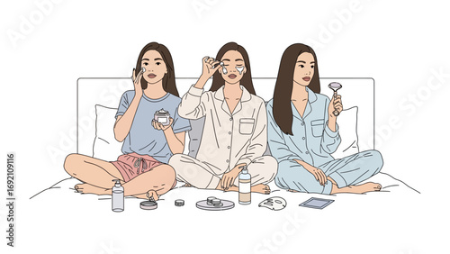 Three young women in pajamas sitting on a bed applying makeup and skincare products during a relaxed slumber party or beauty routine