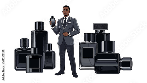 Elegant businessman in a suit holding a fragrance bottle surrounded by a collection of sleek black perfume bottles on a white background
