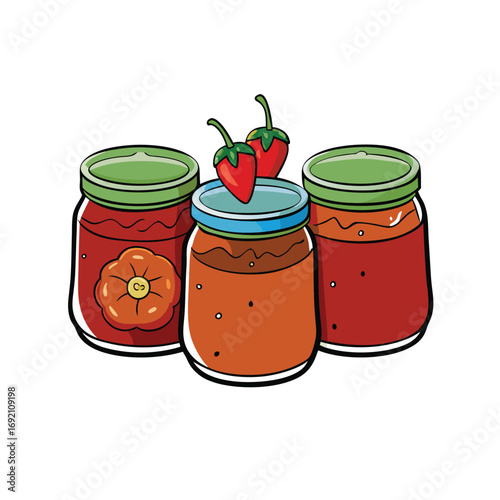 Artistic illustration of fresh salsa jars with vibrant tomato chili and onion ingredients