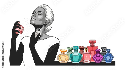 Elegant woman with eyes closed applying perfume from a spray bottle surrounded by a collection of colorful vintage perfume bottles on a shelf