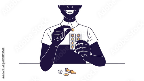 A person with dark skin and short hair wearing a collared shirt holds a blister pack of pills and takes one out with scattered pills on a white surface in front of them