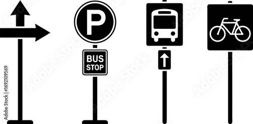 Collection of traffic and directional signs including parking, bus stop, bicycle route, and directional arrows.