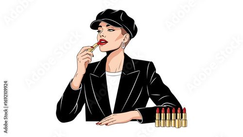 Stylish woman wearing a black cap and jacket applying red lipstick with a collection of lipsticks on a white background