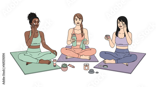 Three diverse women practicing yoga and enjoying healthy drinks and snacks after a relaxing wellness session together
