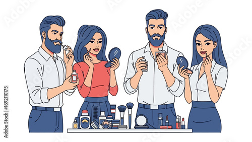 Diverse group of young adults applying makeup and grooming themselves in front of mirrors showcasing personal care and beauty routines