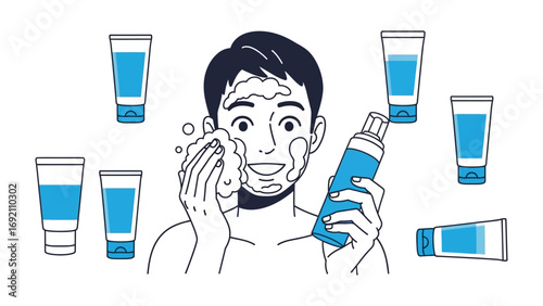 Young man enthusiastically washing his face with refreshing foam cleanser surrounded by multiple tubes of skincare products and bubbles