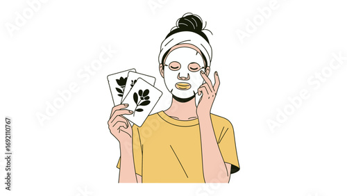Young woman with a white sheet mask on her face and a headband holding two green sheet masks in her hand applying skincare