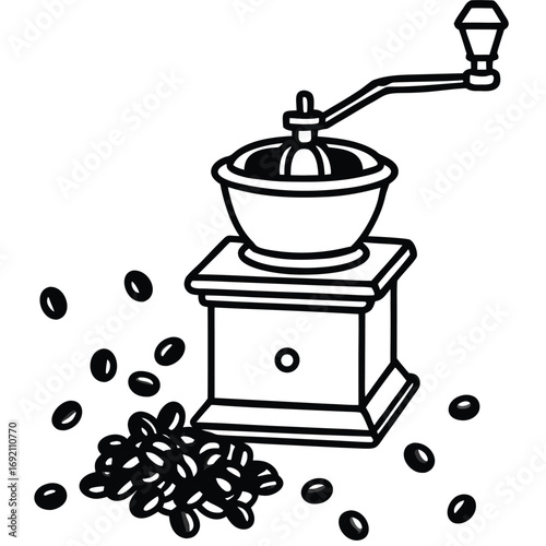 Outline Manual Coffee Grinder With Scattered Coffee Beans On White Background line art
