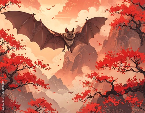 Bat soaring over a red-leafed mountain range
