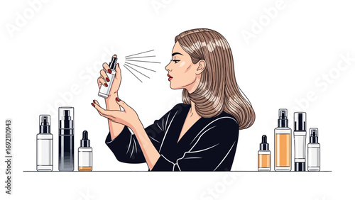 Stylish woman with elegant wavy hair spraying perfume from a luxurious bottle surrounded by various beauty product containers and bottles