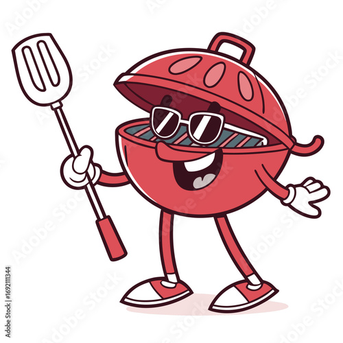 Red Cartoon Grill Character with Spatula and Sunglasses on White Background Keywords: grill, barbecue, BQ
