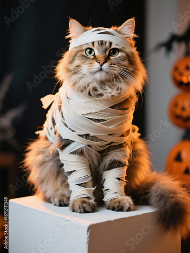Halloween cat mummy costume spooky decor indoor setting festive vibes whimsical perspective
