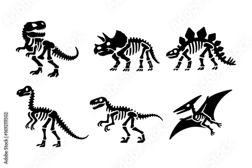 dinosaur skeleton silhouettes icon set