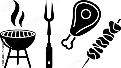 Barbecue grill with meat and cooking tools, perfect for summer cookouts
